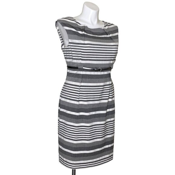 Calvin Klein Striped Belted Sheath Dress Gray White Empire Waist Women's Size 14 - Picture 4 of 10